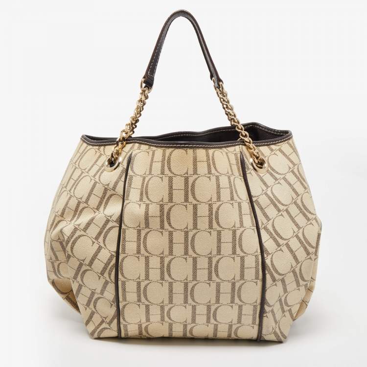 Pre Owned CH Carolina Herrera Off White/Brown Monogram Coated Canvas and Leather Chain Tote