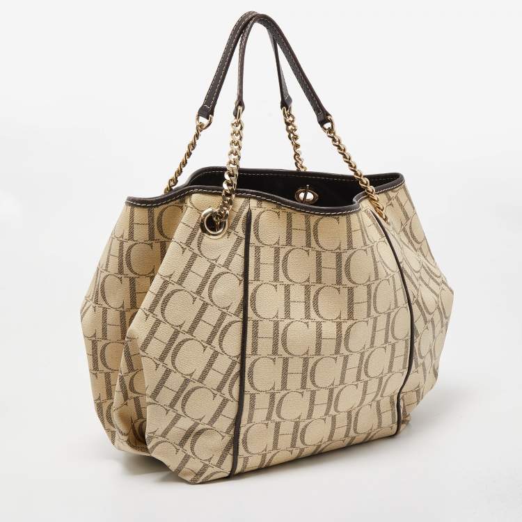 Pre Owned CH Carolina Herrera Off White/Brown Monogram Coated Canvas and Leather Chain Tote
