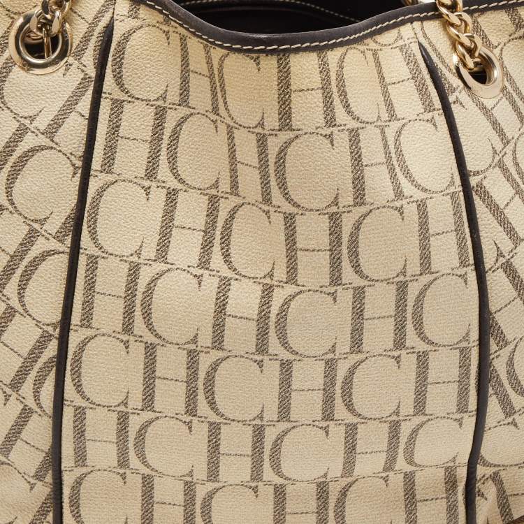 Pre Owned CH Carolina Herrera Off White/Brown Monogram Coated Canvas and Leather Chain Tote