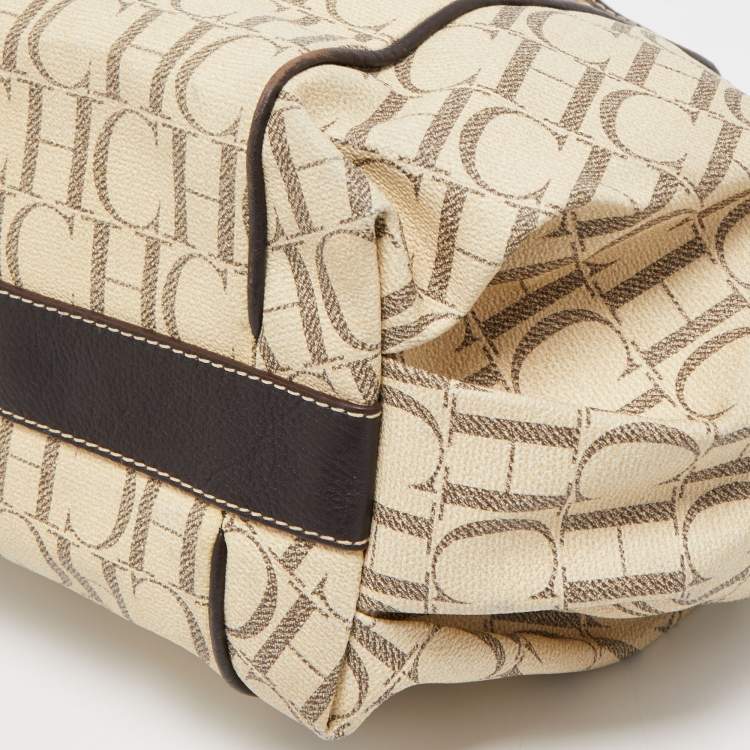 Pre Owned CH Carolina Herrera Off White/Brown Monogram Coated Canvas and Leather Chain Tote
