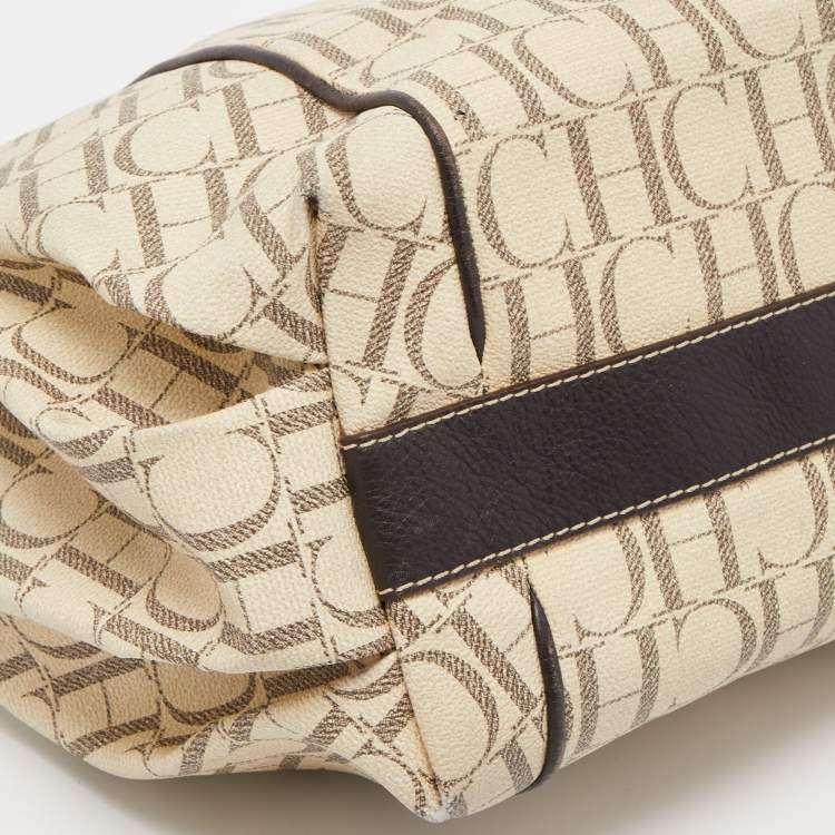 Pre Owned CH Carolina Herrera Off White/Brown Monogram Coated Canvas and Leather Chain Tote