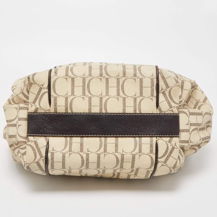 Pre Owned CH Carolina Herrera Off White/Brown Monogram Coated Canvas and Leather Chain Tote