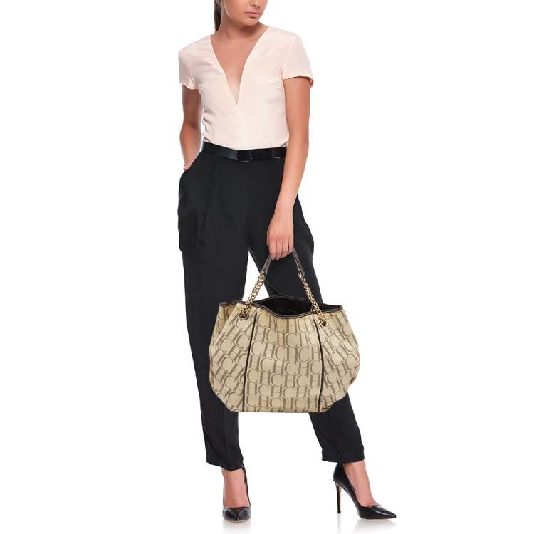 Pre Owned CH Carolina Herrera Off White/Brown Monogram Coated Canvas and Leather Chain Tote