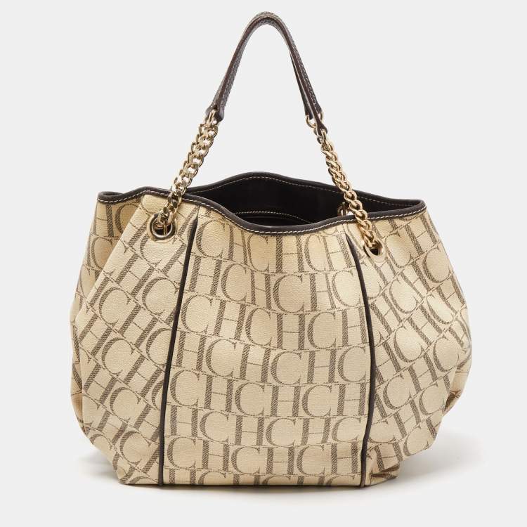 Pre Owned CH Carolina Herrera Off White/Brown Monogram Coated Canvas and Leather Chain Tote