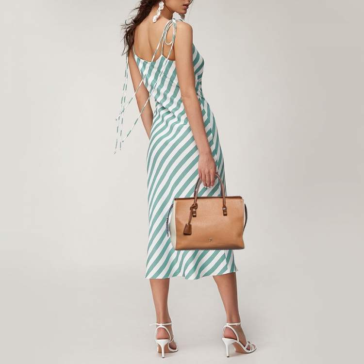 Pre Owned CH Carolina Herrera Brown/Cream Leather Top Zip Tote 
