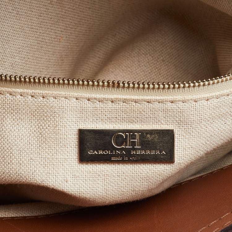 Pre Owned CH Carolina Herrera Brown/Cream Leather Top Zip Tote 