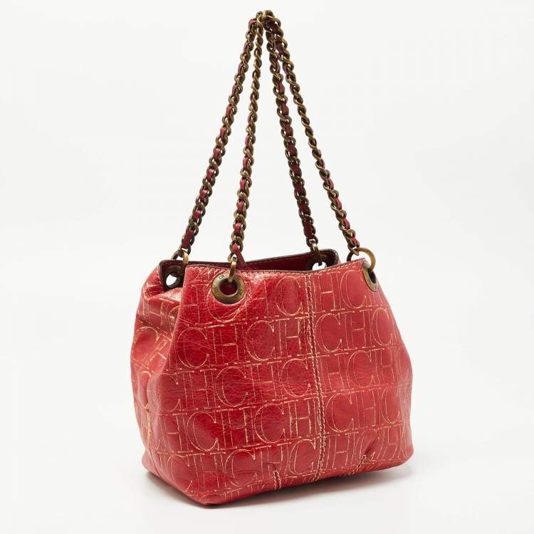 Pre Owned CH Carolina Herrera Red Monogram Embossed Leather Chain Shoulder Bag