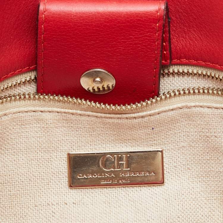 Pre Owned CH Carolina Herrera Red Monogram Embossed Leather Tote