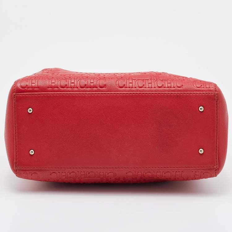 Pre Owned CH Carolina Herrera Red Monogram Embossed Leather Tote