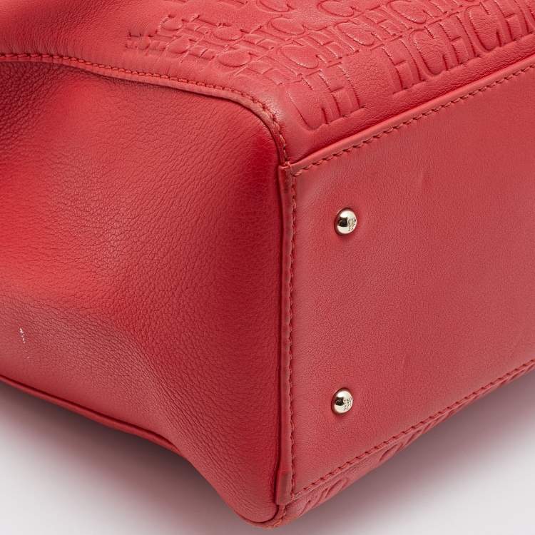 Pre Owned CH Carolina Herrera Red Monogram Embossed Leather Tote