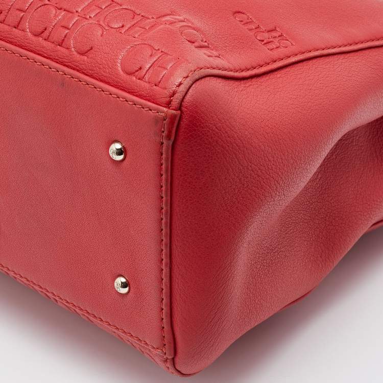 Pre Owned CH Carolina Herrera Red Monogram Embossed Leather Tote