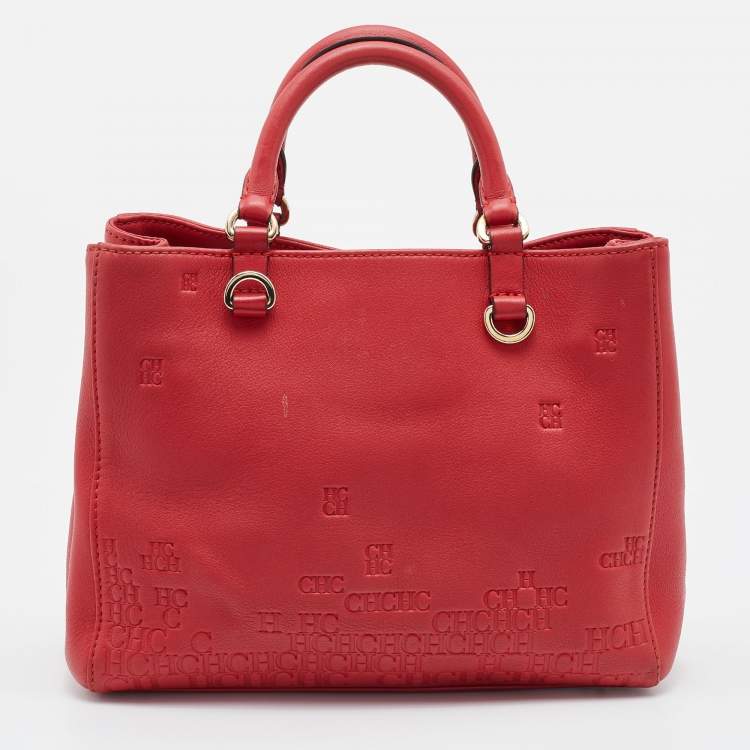 Pre Owned CH Carolina Herrera Red Monogram Embossed Leather Tote