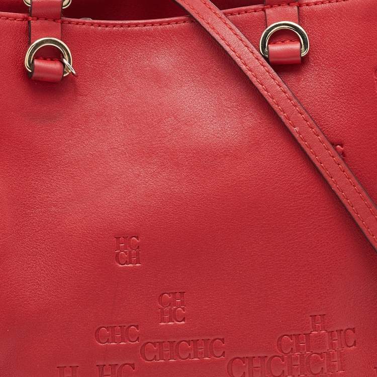 Pre Owned CH Carolina Herrera Red Monogram Embossed Leather Tote