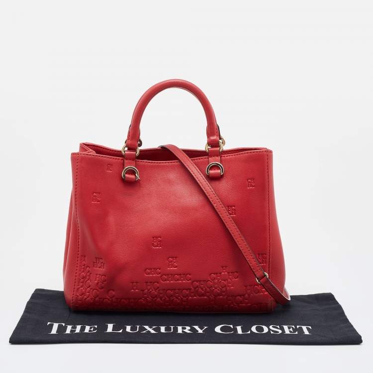 Pre Owned CH Carolina Herrera Red Monogram Embossed Leather Tote