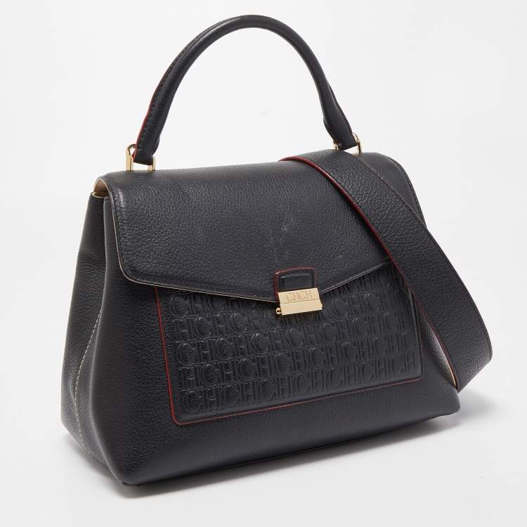 Pre Owned CH Carolina Herrera Black Monogram Leather Top Handle Bag