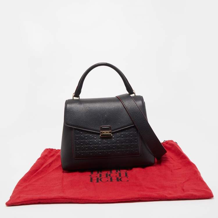 Pre Owned CH Carolina Herrera Black Monogram Leather Top Handle Bag