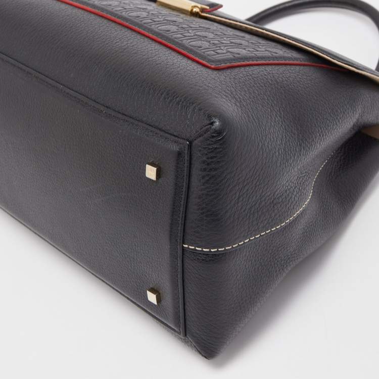 Pre Owned CH Carolina Herrera Black Monogram Leather Top Handle Bag