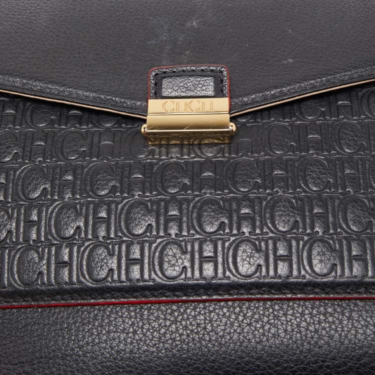 Pre Owned CH Carolina Herrera Black Monogram Leather Top Handle Bag