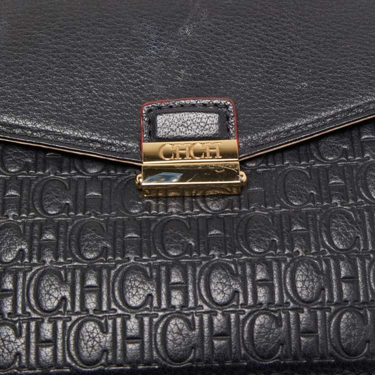 Pre Owned CH Carolina Herrera Black Monogram Leather Top Handle Bag