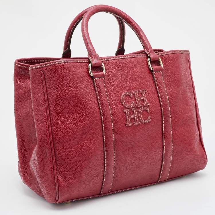 Pre Owned CH Carolina Herrera Red Grained Leather Matteo Tote