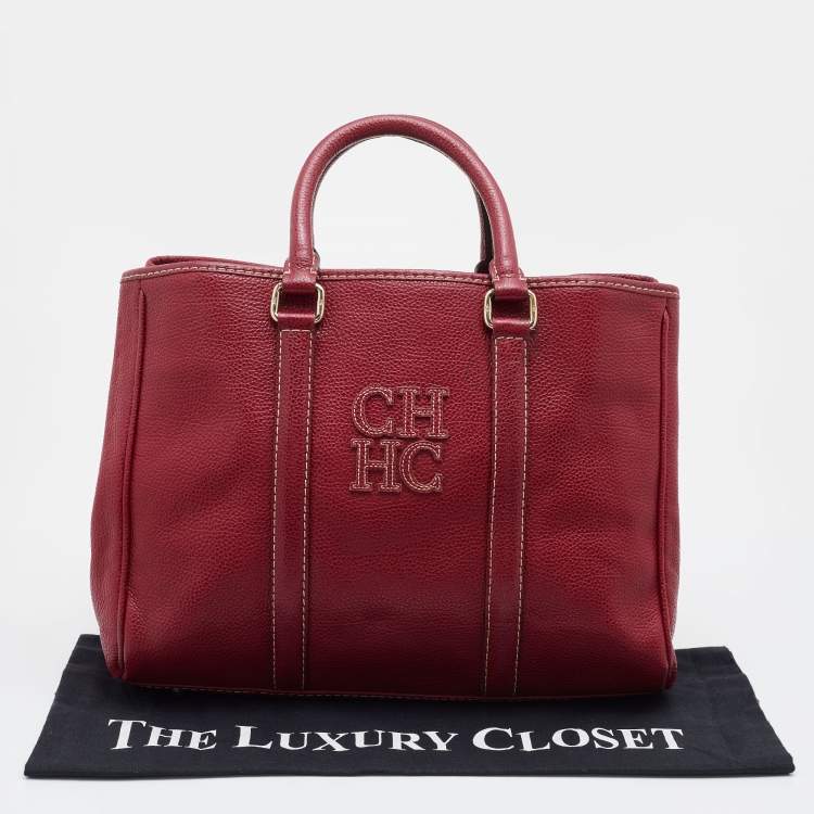 Pre Owned CH Carolina Herrera Red Grained Leather Matteo Tote