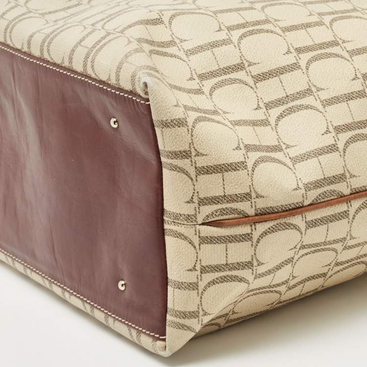 Pre Owned CH Carolina Herrera Off White/Brown Signature Coated Canvas and Leather Shopper Tote