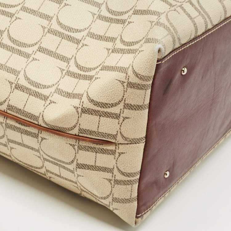 Pre Owned CH Carolina Herrera Off White/Brown Signature Coated Canvas and Leather Shopper Tote