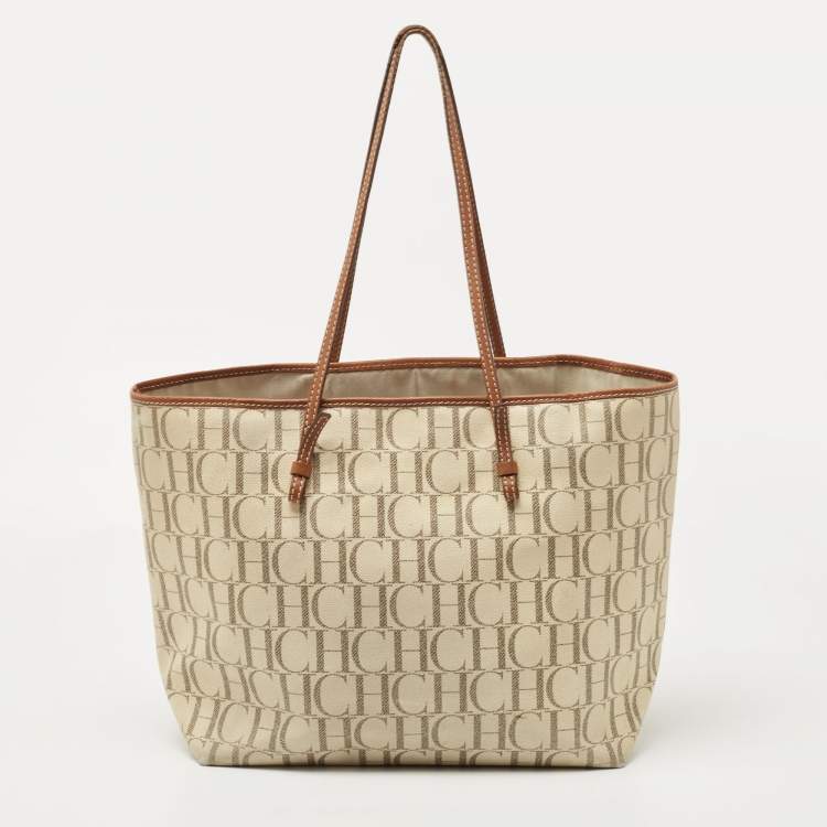 Pre Owned CH Carolina Herrera Off White/Brown Signature Coated Canvas and Leather Shopper Tote