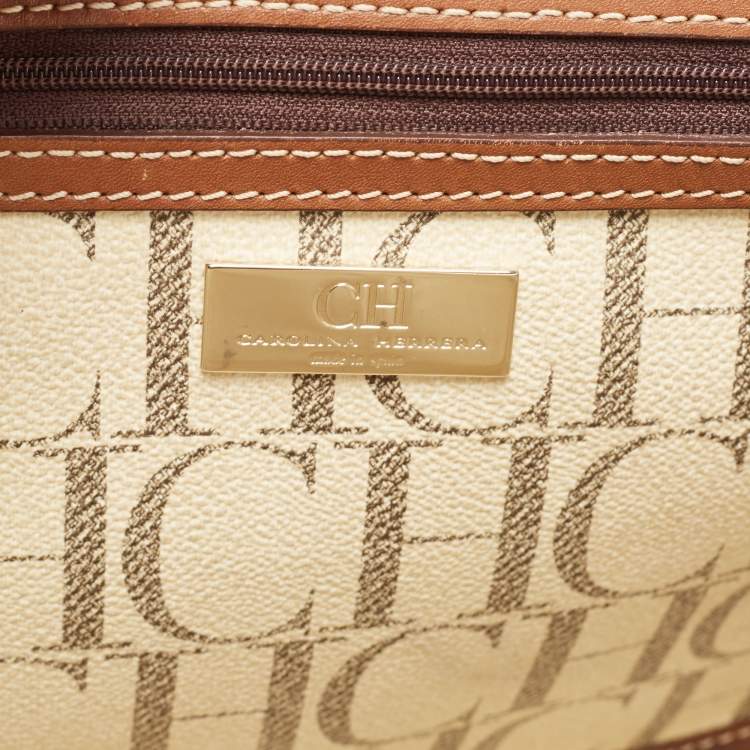 Pre Owned CH Carolina Herrera Off White/Brown Signature Coated Canvas and Leather Shopper Tote