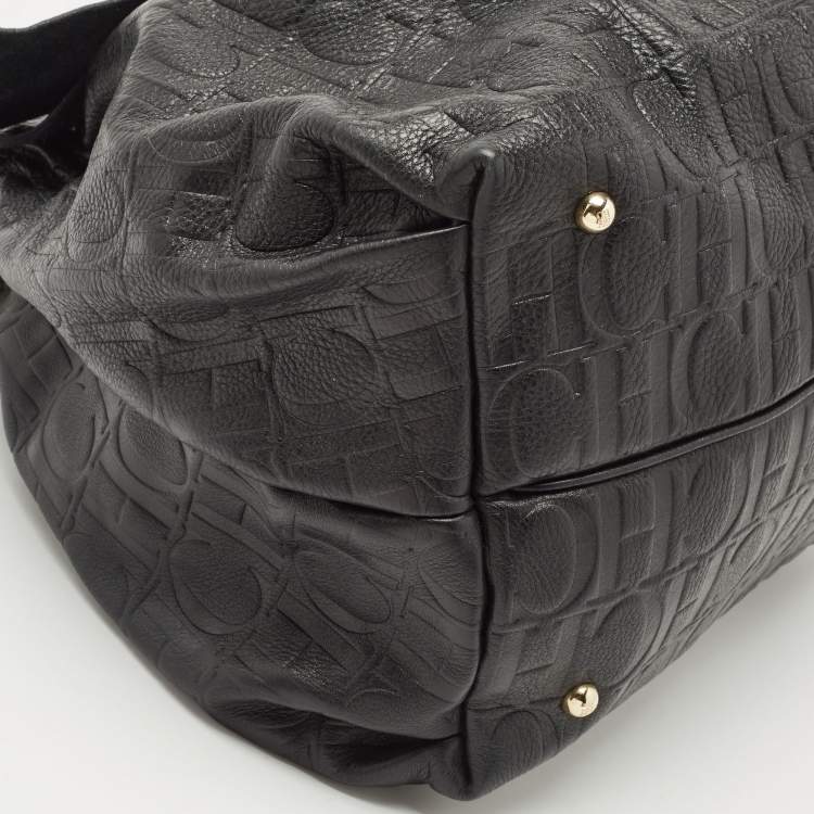 Pre Owned CH Carolina Herrera Black Embossed Leather Bow Bucket Shoulder Bag 