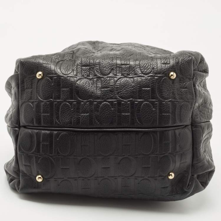 Pre Owned CH Carolina Herrera Black Embossed Leather Bow Bucket Shoulder Bag 