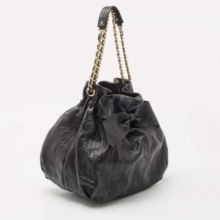 Pre Owned CH Carolina Herrera Black Embossed Leather Bow Bucket Shoulder Bag 