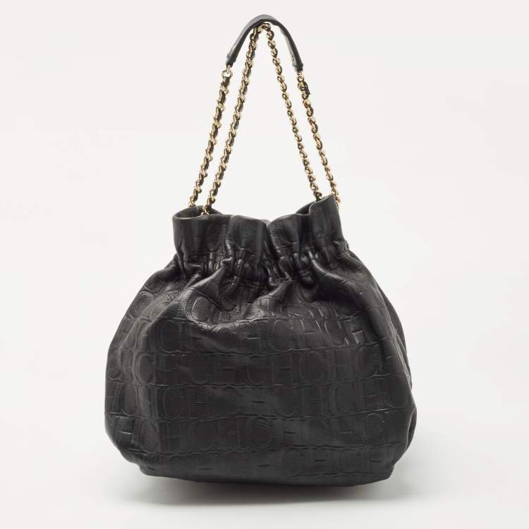 Pre Owned CH Carolina Herrera Black Embossed Leather Bow Bucket Shoulder Bag 