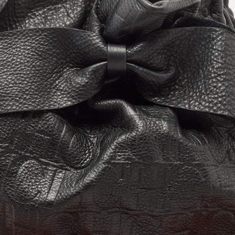 Pre Owned CH Carolina Herrera Black Embossed Leather Bow Bucket Shoulder Bag 