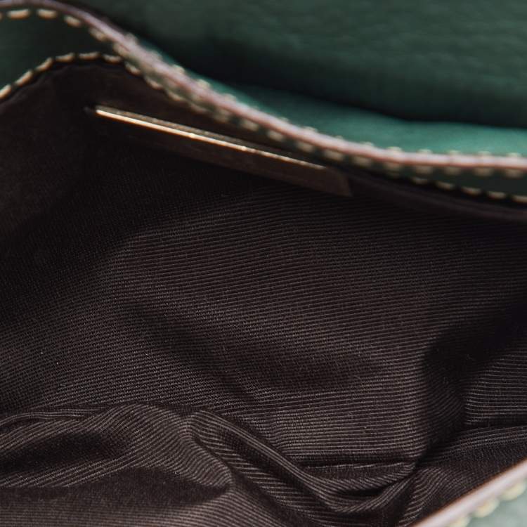 Pre Owned CH Carolina Herrera Green Leather Double Flap Chain Baguette Bag