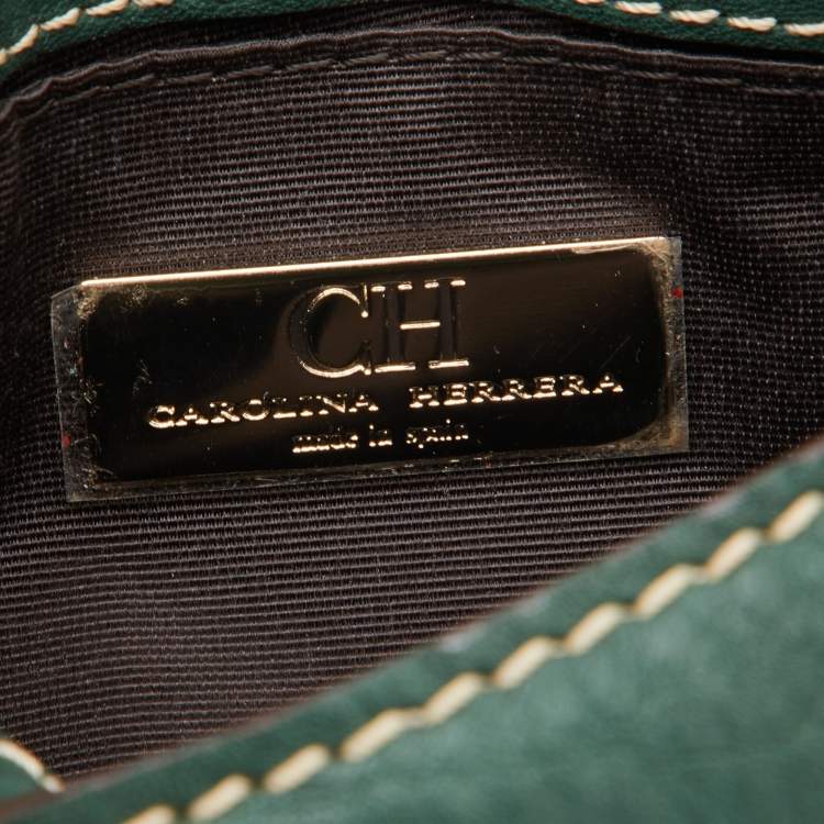 Pre Owned CH Carolina Herrera Green Leather Double Flap Chain Baguette Bag