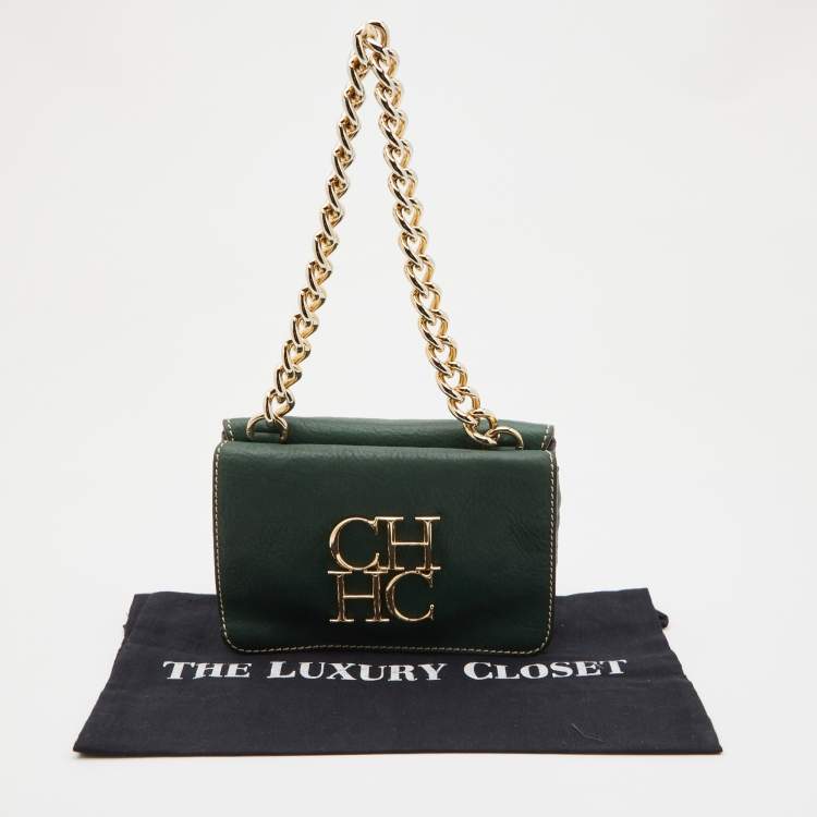Pre Owned CH Carolina Herrera Green Leather Double Flap Chain Baguette Bag