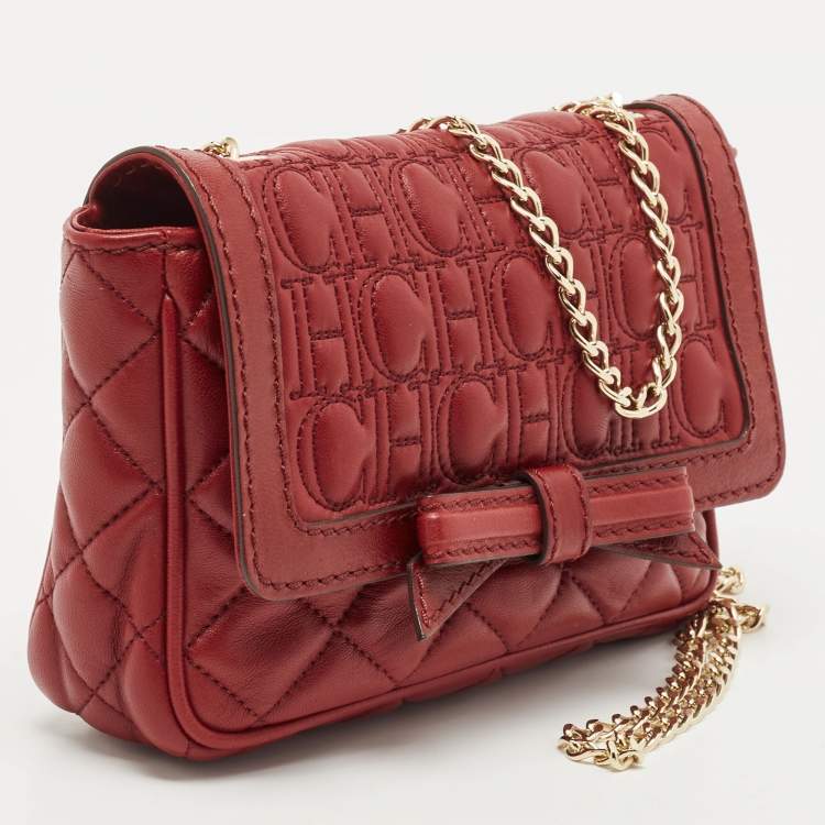 Pre Owned CH Carolina Herrera Red Quilted Leather Monogram Bow Crossbody Bag