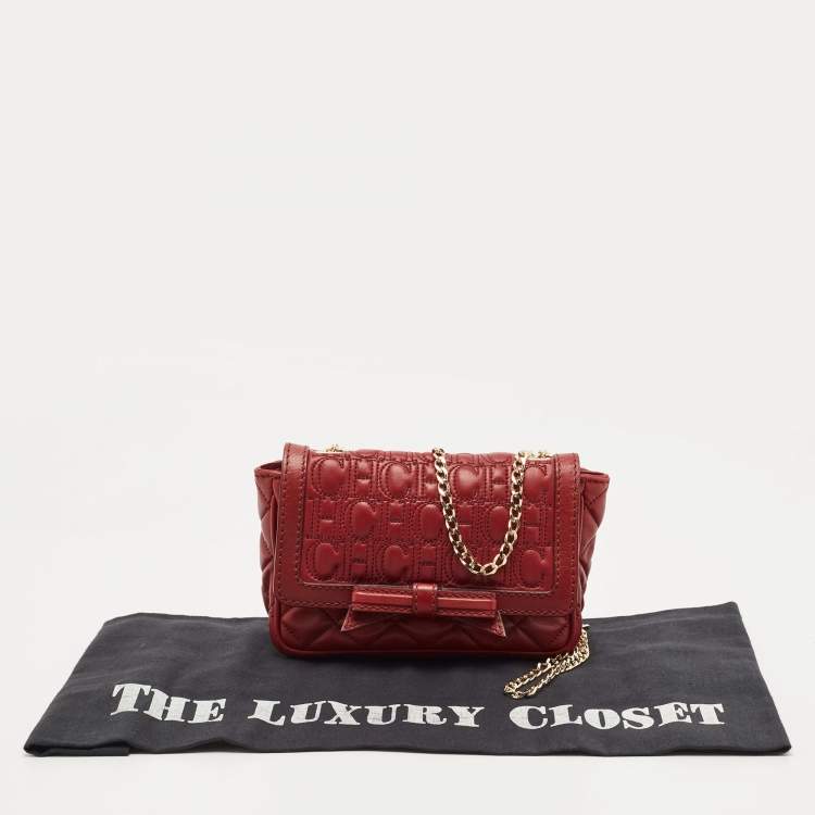 Pre Owned CH Carolina Herrera Red Quilted Leather Monogram Bow Crossbody Bag
