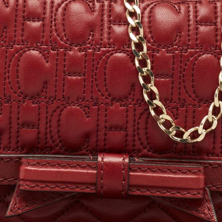 Pre Owned CH Carolina Herrera Red Quilted Leather Monogram Bow Crossbody Bag