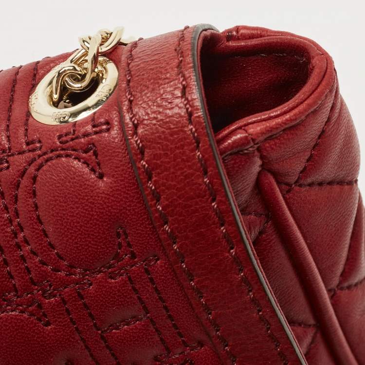 Pre Owned CH Carolina Herrera Red Quilted Leather Monogram Bow Crossbody Bag