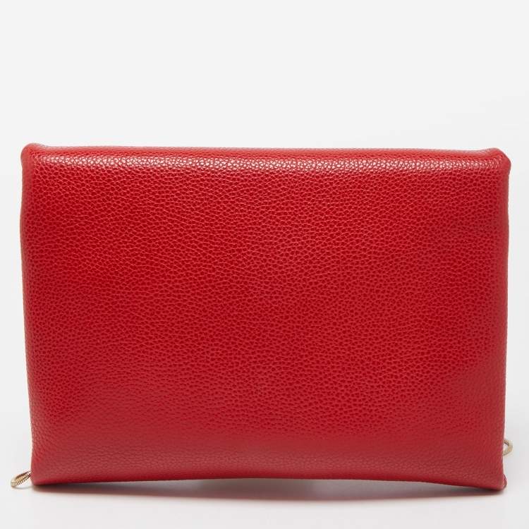 Pre Owned CH Carolina Herrera Red Leather Metal Flap Chain Clutch