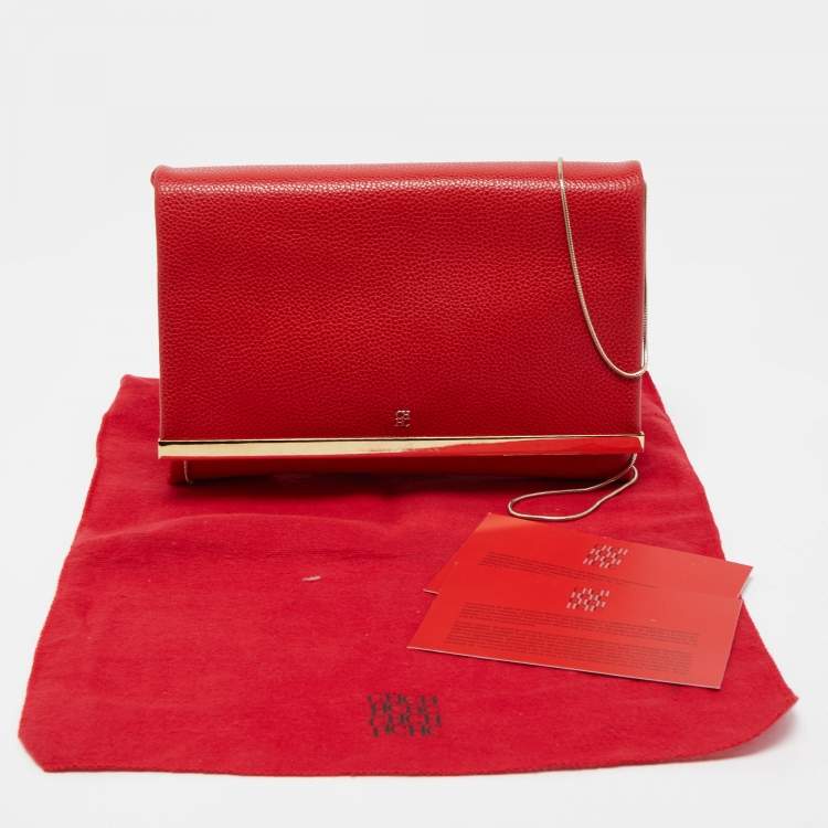 Pre Owned CH Carolina Herrera Red Leather Metal Flap Chain Clutch