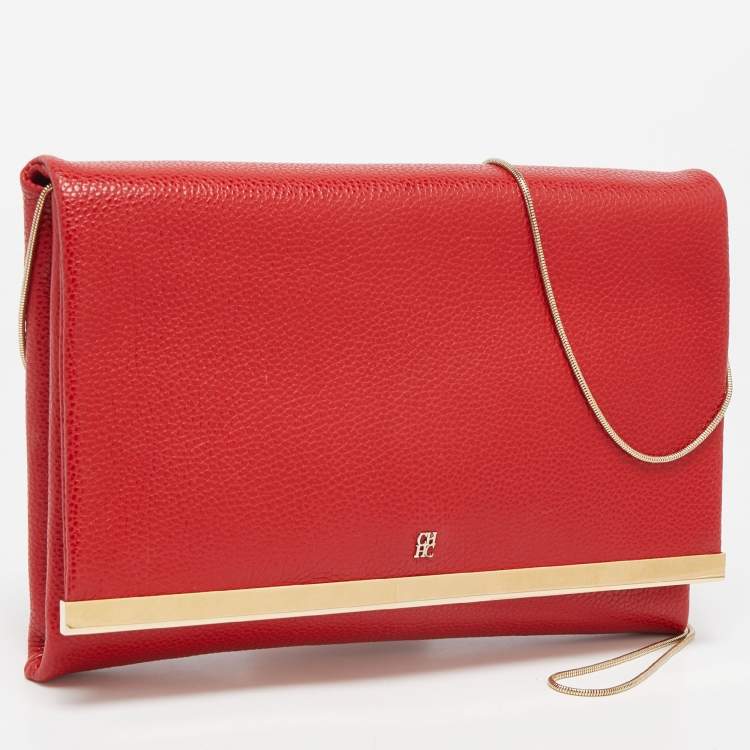 Pre Owned CH Carolina Herrera Red Leather Metal Flap Chain Clutch