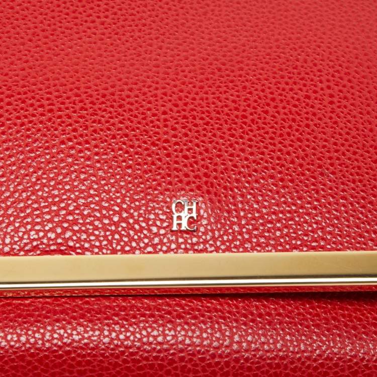 Pre Owned CH Carolina Herrera Red Leather Metal Flap Chain Clutch