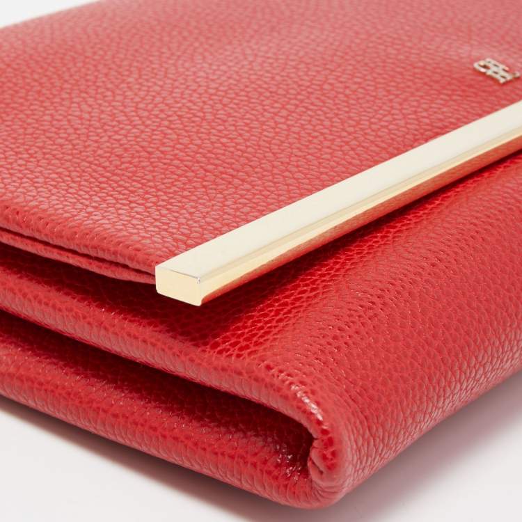 Pre Owned CH Carolina Herrera Red Leather Metal Flap Chain Clutch