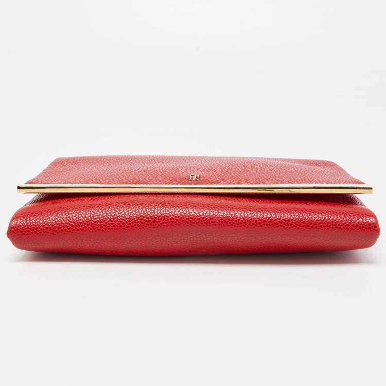 Pre Owned CH Carolina Herrera Red Leather Metal Flap Chain Clutch