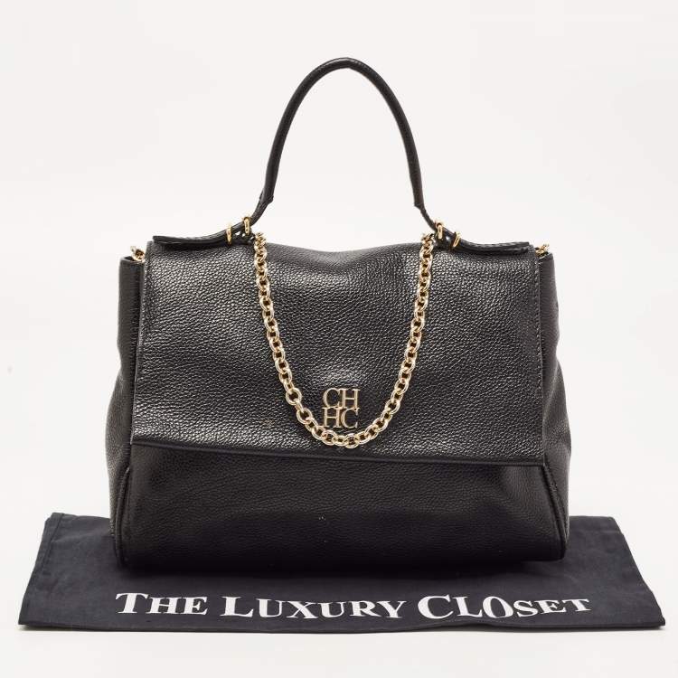 Pre Owned CH Carolina Herrera Black Leather Minuetto Flap Top Handle Bag