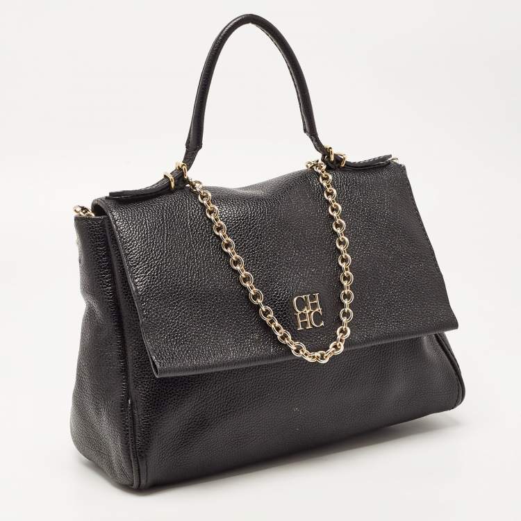 Pre Owned CH Carolina Herrera Black Leather Minuetto Flap Top Handle Bag