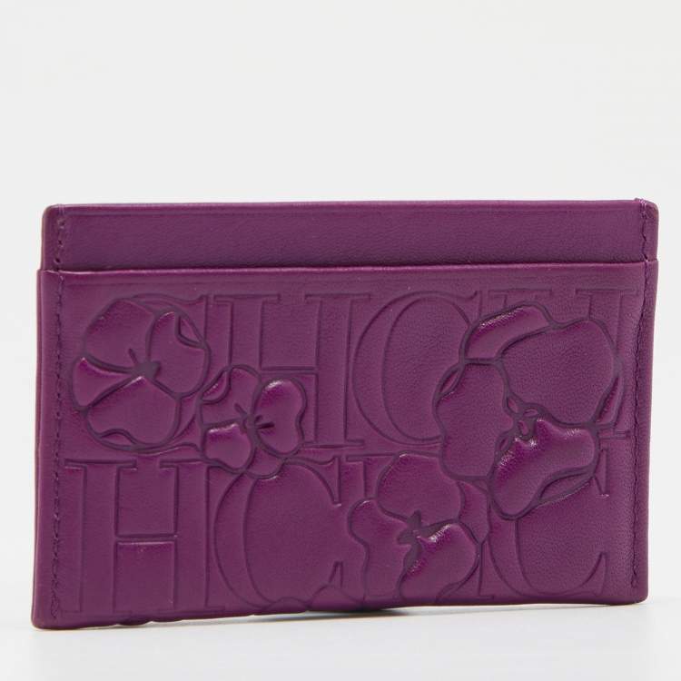 Pre Owned CH Carolina Herrera Purple Monogram Embossed Leather Card Holder